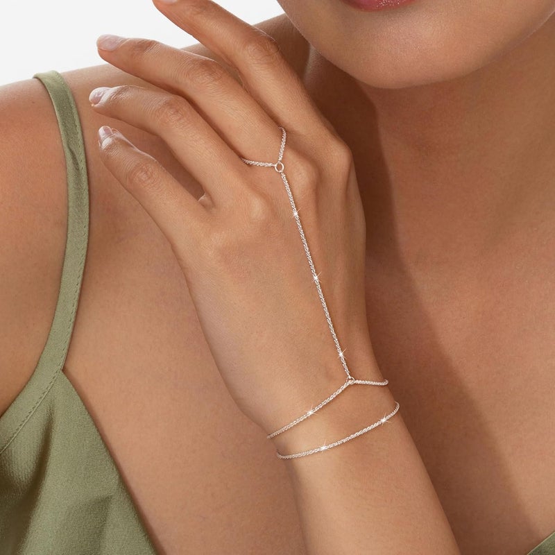 Moodear Sterling Silver Dainty Ring Bracelet Hand Chain for Women - 14K Gold Plated/Sterling Silver Layered Adjustable Satellite Bead Paperclip Dot CZ Link Hand Chain Bracelets Non Tarnish Trendy Jewelry Gift - Image 3